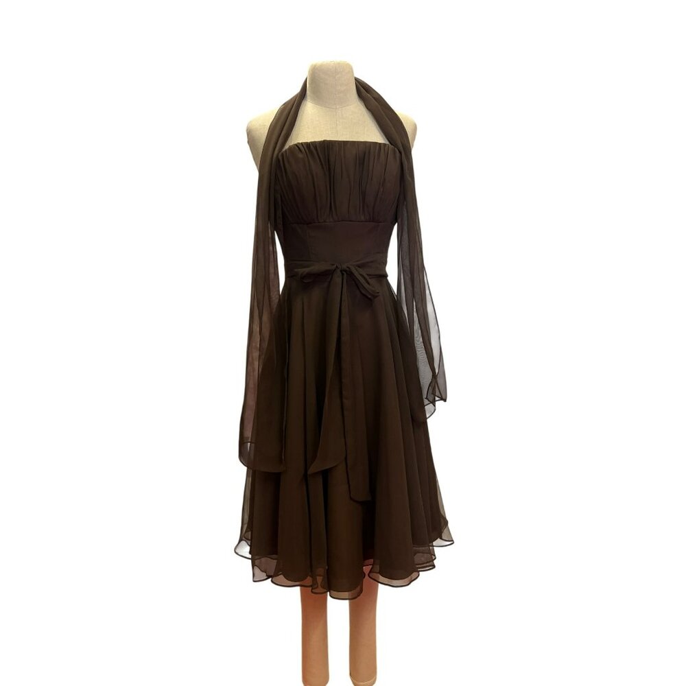 Mori Lee By Madeline Gardner Brown Strapless Dress With Sheer Shawl USA Size 3/4